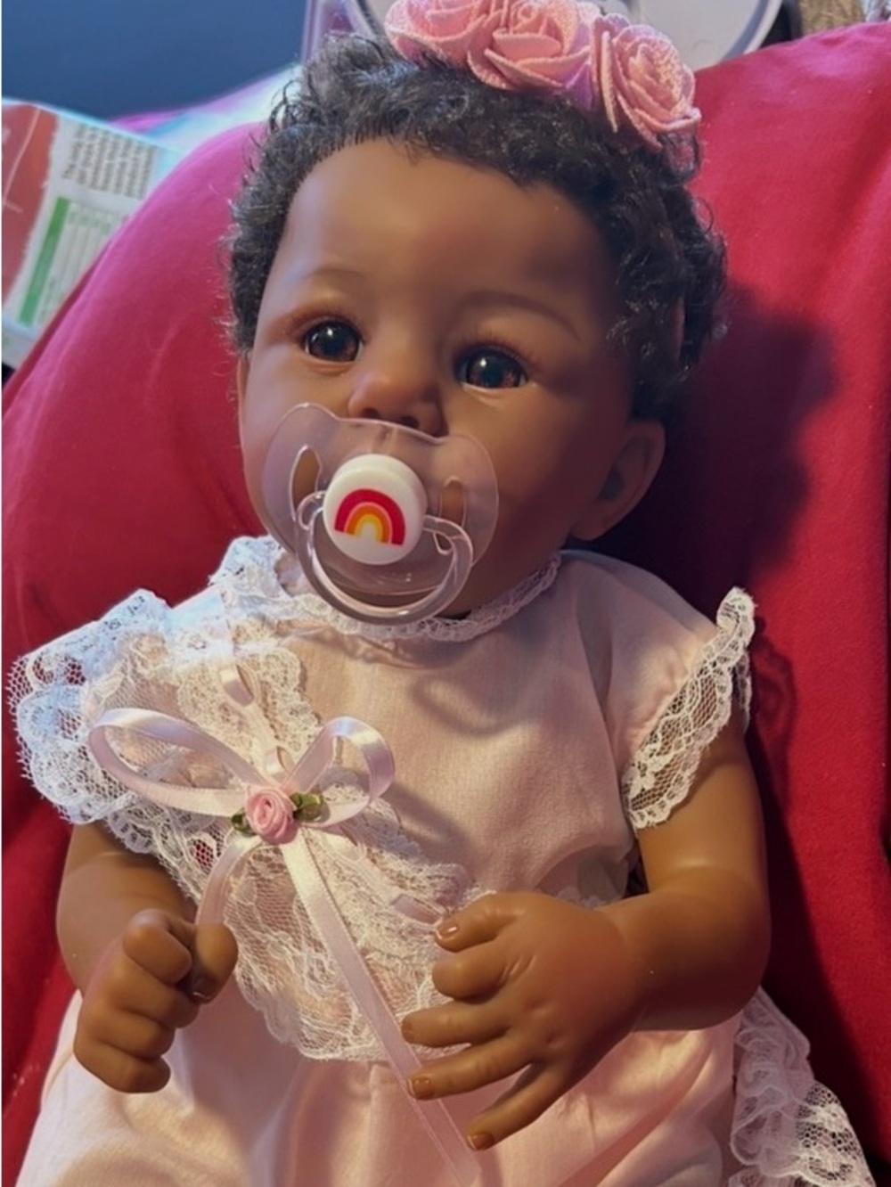 Reborn African American soft  Baby Doll in Pink Lace Dress with Pacifier